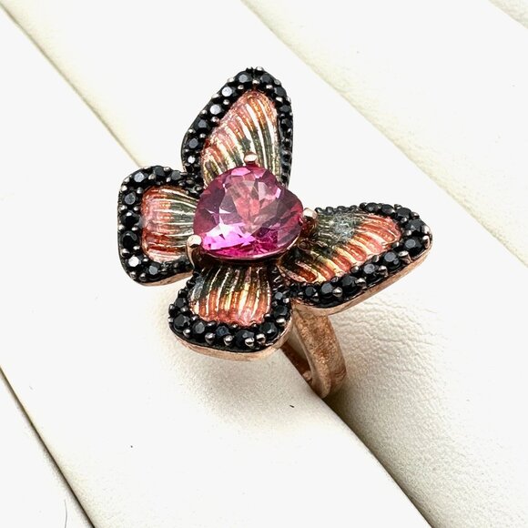 Multi Gemstone Butterfly Rose Gold Over Sterling Silver Ring Size 6 - Picture 3 of 4